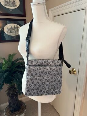 Tahari Grey Leopard-Print Crossbody Bag with Black Strap